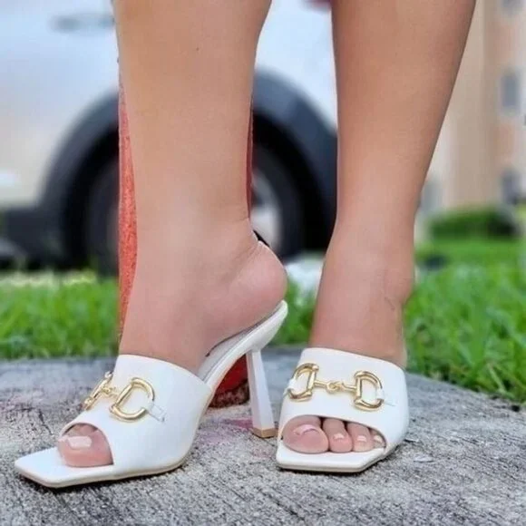 Women's White Open Square Toe‎ High Mule Sandals - Picture 2 of 5